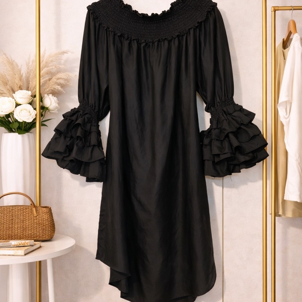 Elegant Black Ruffle Sleeve Dress